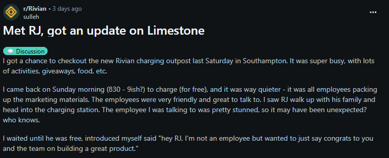 Screenshot of a Reddit post titled "Met RJ, got an update on Limestone" in the r/Rivian subreddit. The post details an encounter with RJ at a Rivian charging outpost event, describing a busy atmosphere with activities and a quieter return visit.