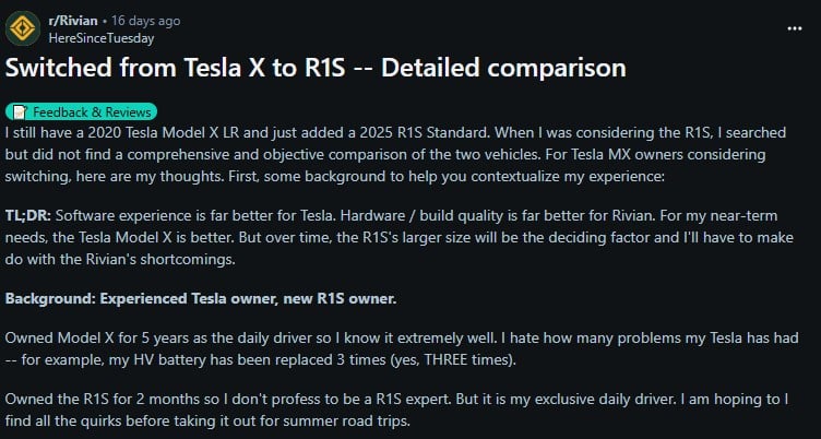 User discusses their experience switching from a Tesla Model X to a Rivian R1S, comparing software and hardware quality.