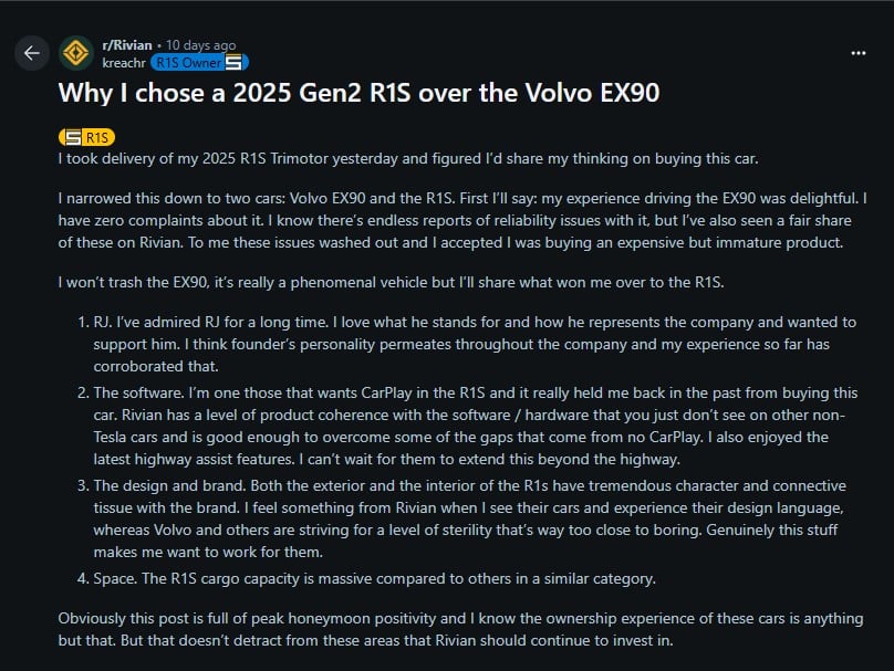 User shares reasons for choosing a 2025 Rivian R1S over a Volvo EX90, highlighting software, design, and brand loyalty.