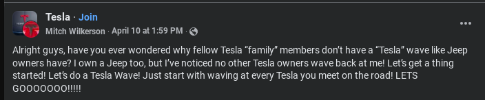 A Facebook post encourages Tesla owners to initiate a "Tesla Wave" to greet each other, similar to what Jeep owners do.