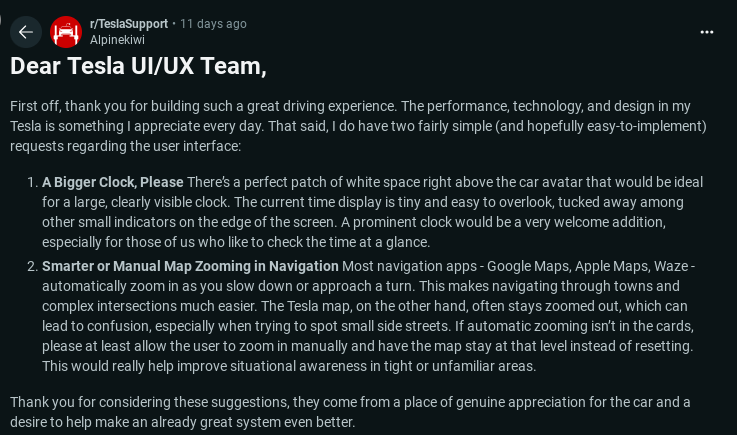 A user request for Tesla UI improvements, highlighting the need for a larger clock and better map zooming for enhanced visibility and navigation.