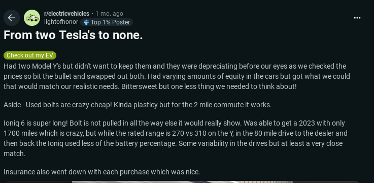 User discusses swapping two Tesla Model Ys for a more practical Ioniq 6 due to depreciation and balancing needs in electric vehicle choices.