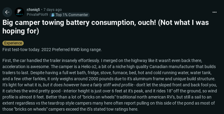 A user discusses their first test tow with a 2022 Hyundai Ioniq 5 RWD, highlighting battery consumption while towing a lightweight Helio o2 camper.