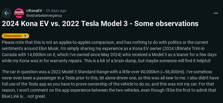 A Reddit post comparing the 2024 Kona EV and 2022 Tesla Model 3, sharing personal experiences and insights about both vehicles.