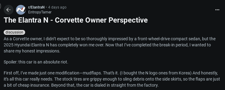 Screenshot of a forum post titled "The Elantra N - Corvette Owner Perspective" discussing the impressive performance of the 2025 Hyundai Elantra N compared to a Corvette.