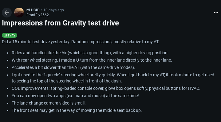 A Reddit post from user FrontFly2562 titled "Impressions from Gravity test drive" shares experiences from a 15-minute test drive. Key points include comparison to Air regarding handling, rear-wheel steering for tight turns, slower acceleration compared to AT, adjustable "squircle" steering wheel, improved quality of life features like a spring-loaded console cover, dual app usage, and minor drawbacks like small lane-change camera video and front seat obstruction.