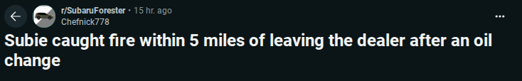 Tweet reporting a Subaru catching fire shortly after an oil change, highlighting potential safety concerns.