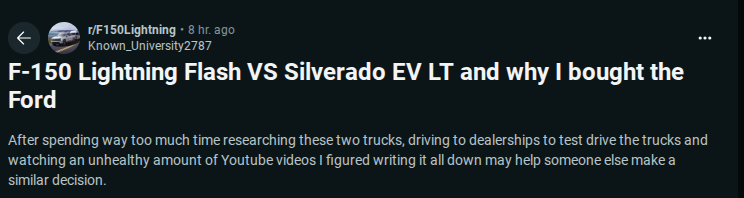 A Reddit post comparing the Ford F-150 Lightning and Chevrolet Silverado EV, highlighting the author's purchasing decision.