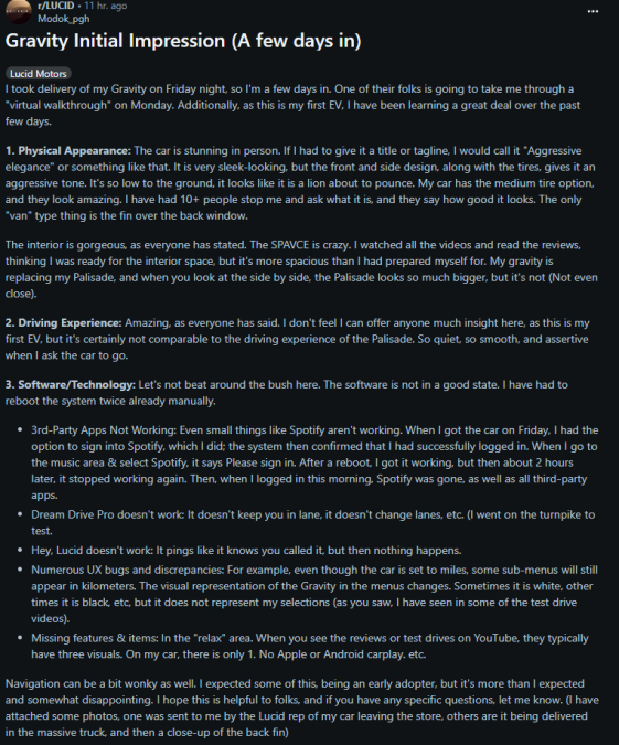 Lucid Gravity electric vehicle review highlighting design, interior, and early software challenges from owner's perspective