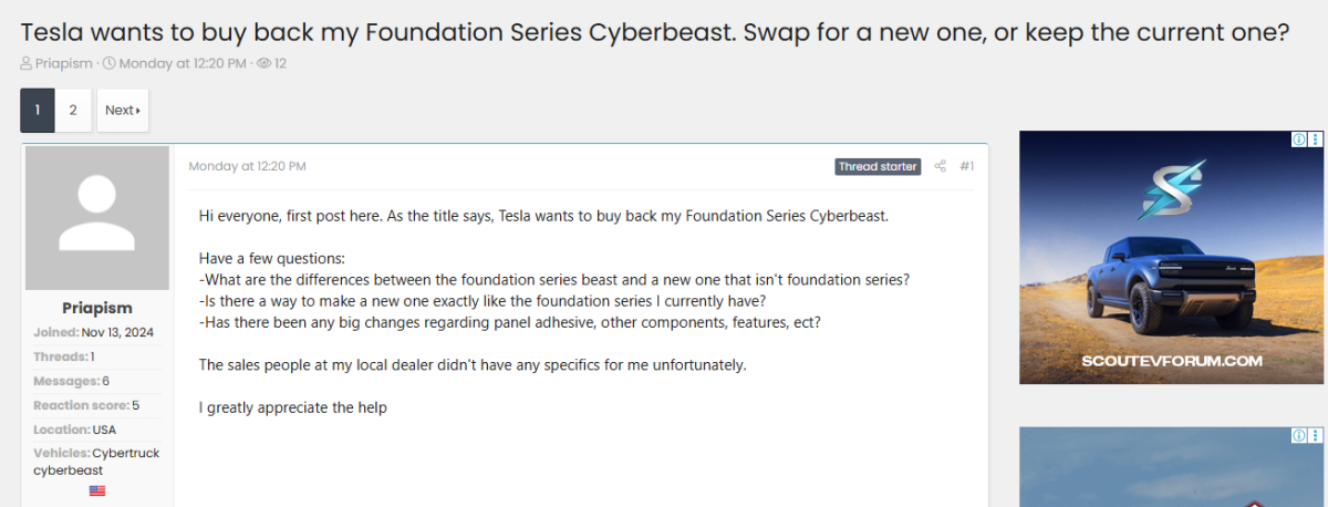 User Priapism asks forum members about swapping Tesla's Foundation Series Cyberbeast for a new model, seeking details on differences and changes.
