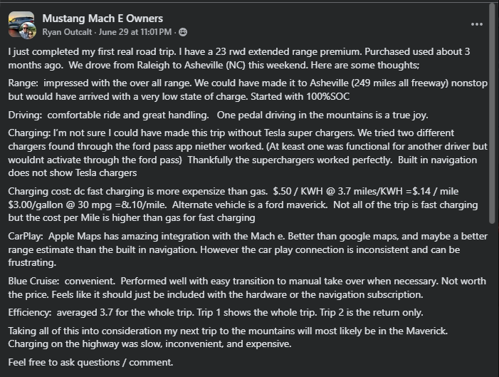 A user shares their experience driving a Mustang Mach-E on a road trip, discussing range, charging challenges, and vehicle features.