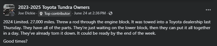 Update from a Toyota Tundra owner detailing engine issues, dealership visits, and reliance on a loaner Tacoma for transportation.