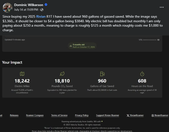 A social media post by Dominic Wilkerson shows gas savings and environmental impact from driving a 2025 Rivian R1T electric truck.