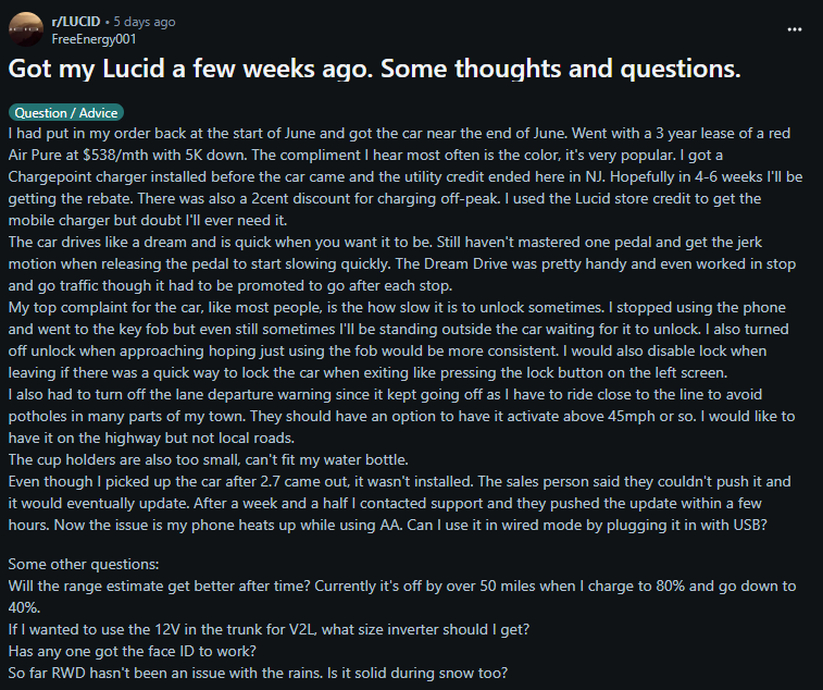 A user shares experiences and questions about their new Lucid Air, discussing features, complaints, and advice on usage and updates.