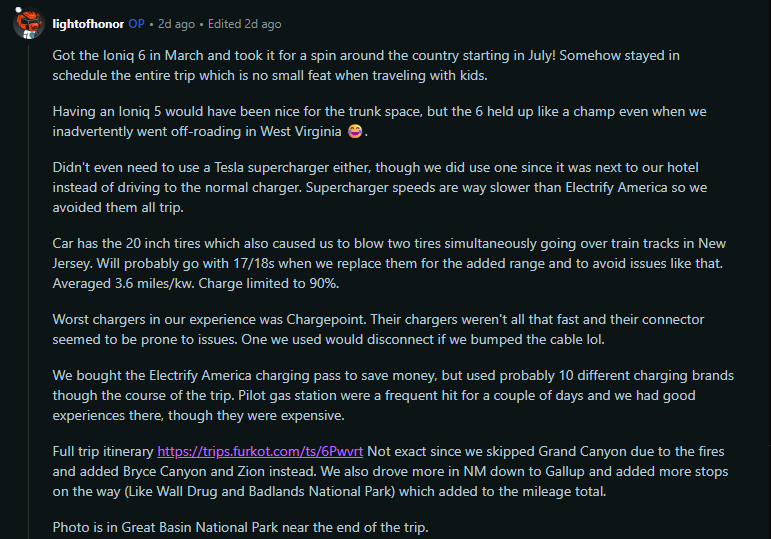 A user shares their experience road-tripping with an Ioniq 6, detailing charging challenges and tire issues, with links to their itinerary.