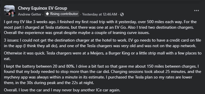 Facebook group post in Chevy Equinox EV Group where a user shares their first long road trip experience with a new EV, highlighting charging at Tesla stations, difficulties with a hotel destination charger, and overall satisfaction with the vehicle.