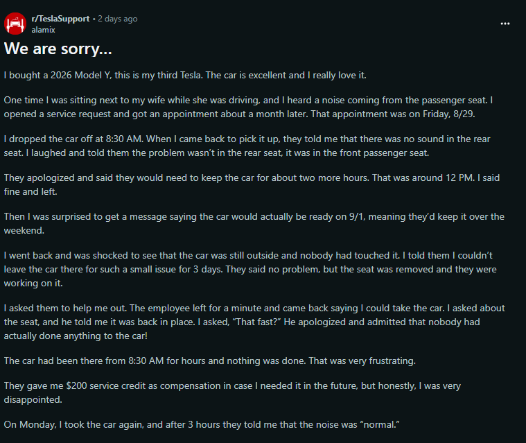 Reddit post in r/TeslaSupport where a Tesla Model Y owner describes a frustrating service experience about a passenger seat noise, long wait times, lack of repair, and receiving a $200 service credit.