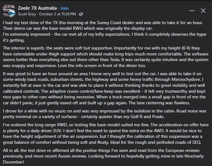 A user shares a positive review of the Zeekr 7X after a test drive, highlighting comfort, performance, and intuitive features.