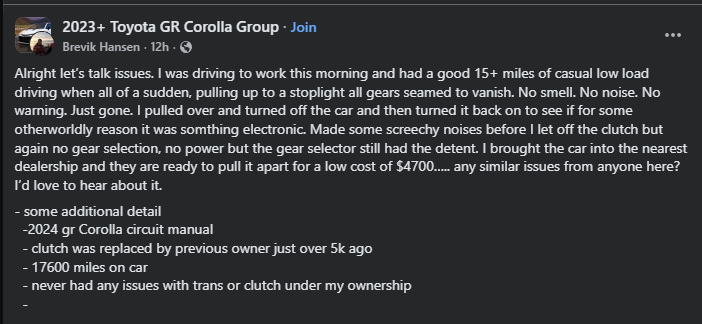 A user shares a post about issues with their 2024 Toyota GR Corolla, detailing gear failure and seeking advice on similar experiences.