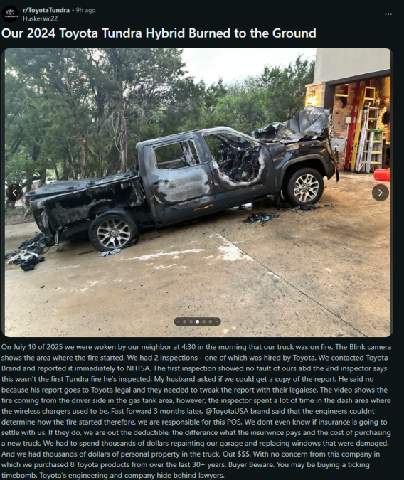 A burned 2024 Toyota Tundra Hybrid sits in a driveway, showing extensive fire damage to its exterior and interior.