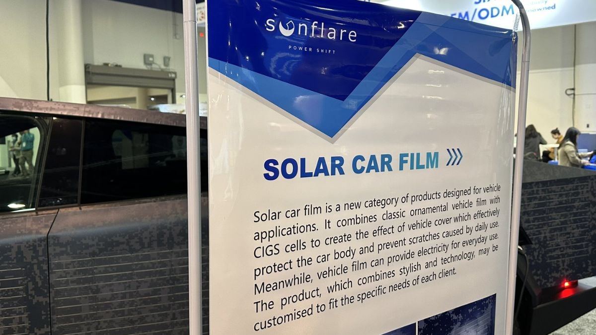 Sunflare Solar Car Film Display at CES next to a Tesla Cybertruck