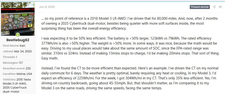 A forum post comparing driving efficiency of a 2018 Tesla Model 3 to a 2025 Cybertruck, including data on battery size and energy usage.