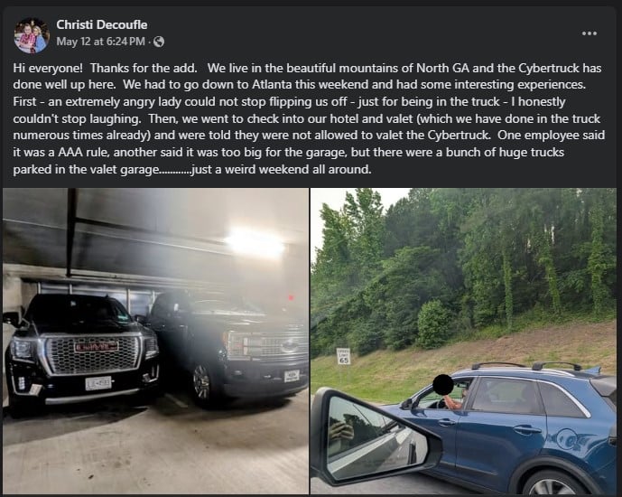 A Facebook post showing a crowded parking garage with two large trucks and a 2025 Tesla Cybertruck, highlighting valet service issues.
