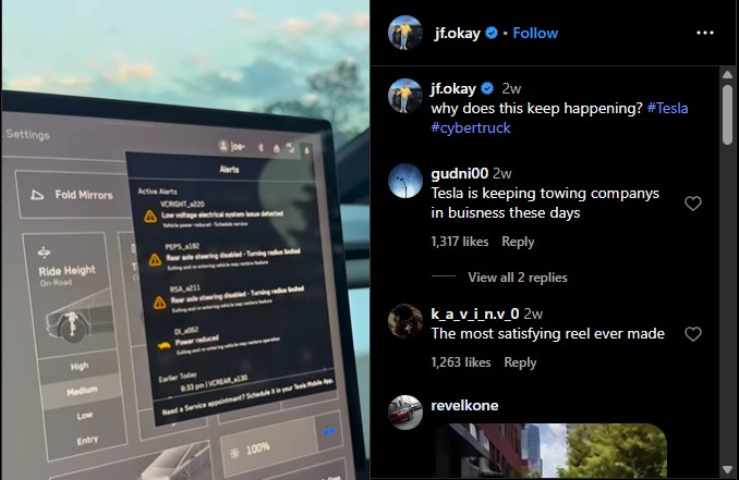 Tesla vehicle dashboard screen showing multiple alert notifications with social media comments visible