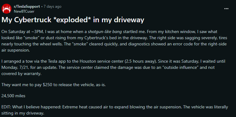 A Tesla Cybertruck in a driveway with right-side sagging, surrounded by dust, indicating air suspension failure after a loud bang.