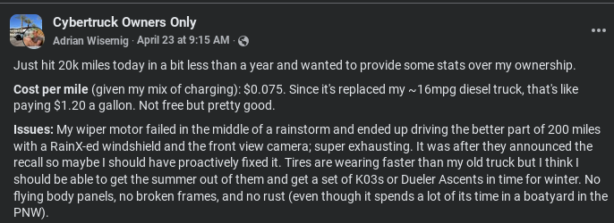 User shares insights on Cybertruck ownership after 20,000 miles: cost per mile, issues with wipers, tires, and vehicle performance.