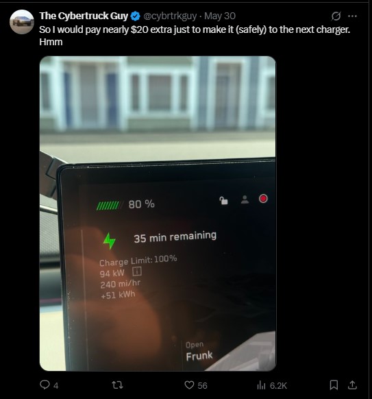 Display screen shows 80% battery, 35 minutes to charge, and energy stats for an electric vehicle, with a road in the background.