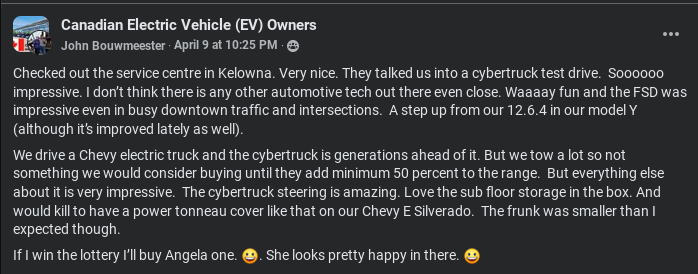 Tesla Cybertruck test driver raves about the vehicle to a Facebook Group