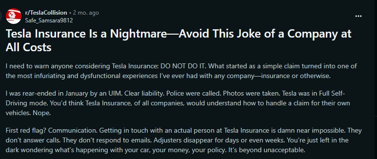A frustrated user shares their negative experience with Tesla Insurance, highlighting poor communication and claim handling issues.