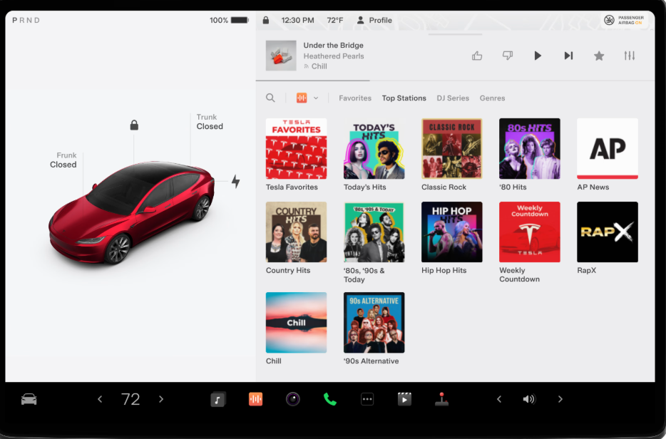 A red Tesla car is displayed with "Trunk Closed" status, alongside a music interface featuring various playlists and radio stations.