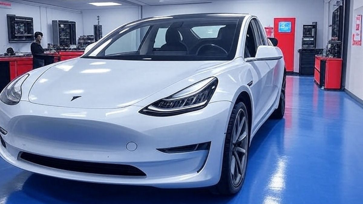 Tesla Model 3 is being repaired at a Tesla Service Center