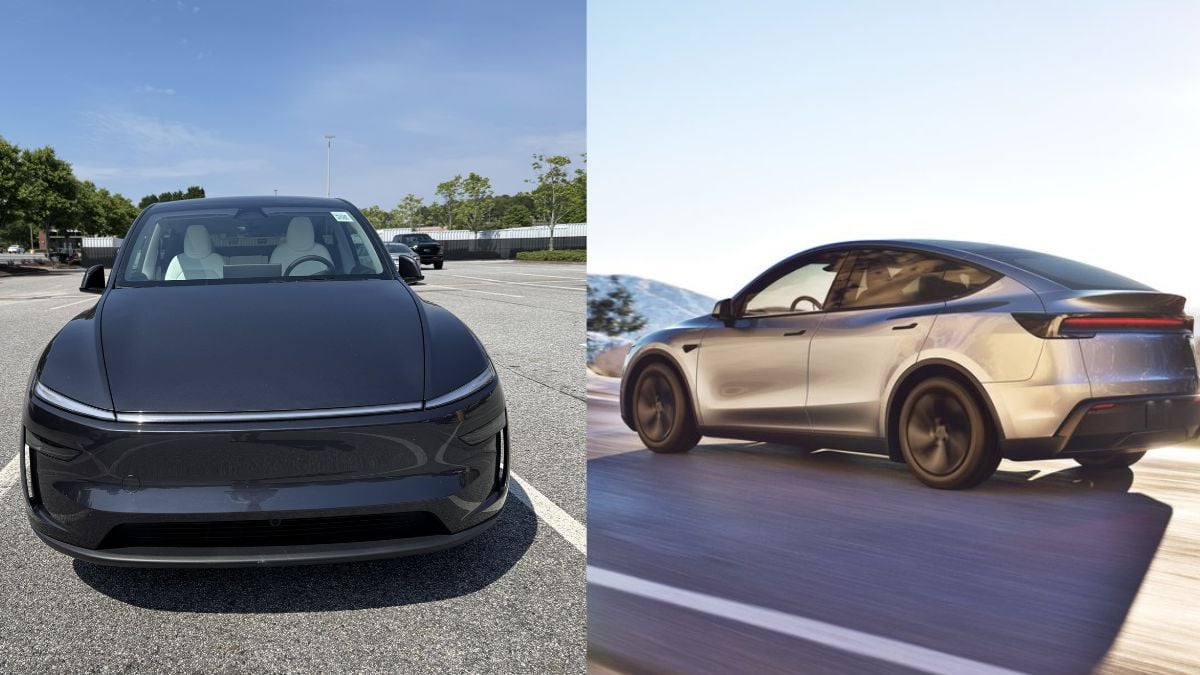 A comparison of a 2026 Tesla Model Y front view and a silver 2026 Tesla Model Y Juniperin motion on a scenic road, showcasing modern design.