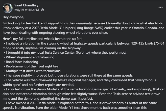 A person shares their experience and feedback about steering wheel vibrations in their 2026 Tesla Model Y, detailing service attempts and issues.