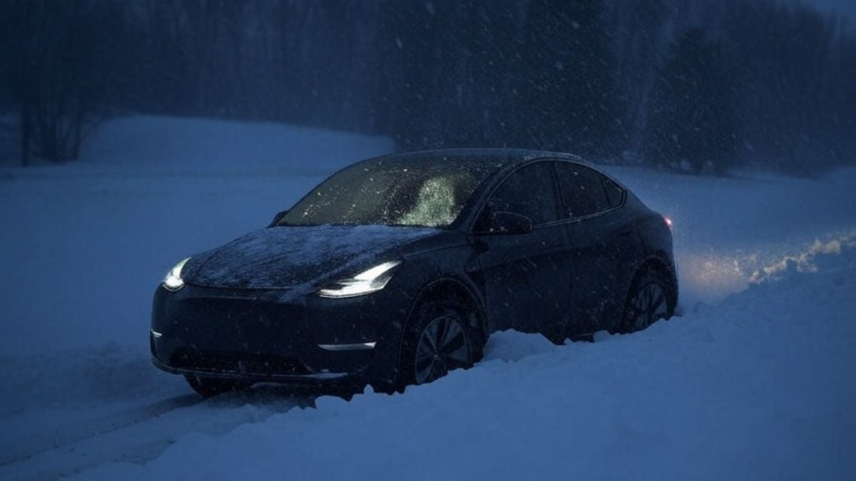 Tesla Model Y in a Ditch in a Snow Storm