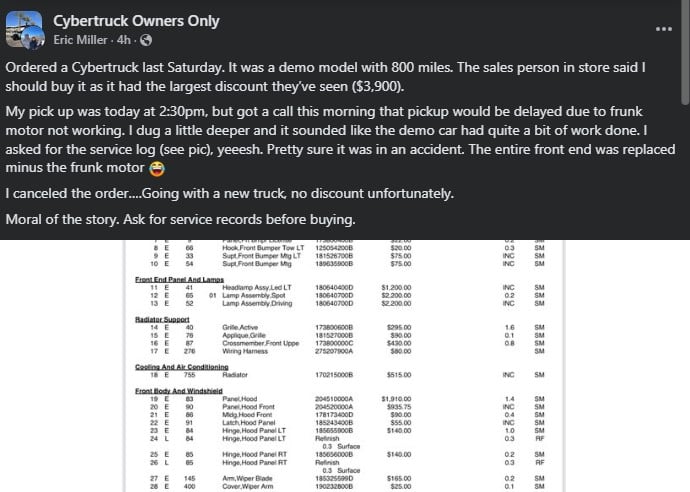 A post detailing the cancellation of a Cybertruck order due to undisclosed repair history, emphasizing the importance of checking service records.