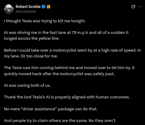 Tweet by Robert Scoble discussing a near-accident with a motorcycle while his Tesla's AI was driving at high speed, highlighting its safety features.