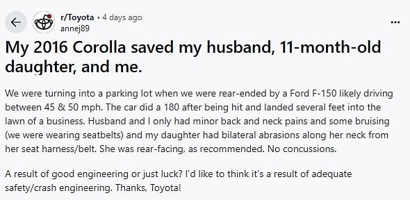 Corolla Riders Survive Severe Ford Truck Collision