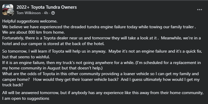 A Facebook post by Tom Wilkinson seeking advice from the 2022+ Toyota Tundra Owners group about engine failure while towing a trailer.