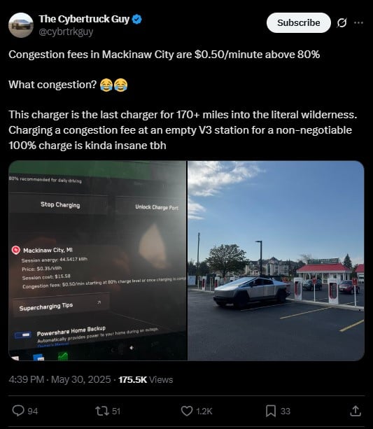 A screenshot of a Tesla charging station in Mackinaw City, MI, showing fees, charge session details, and an empty charging lot.