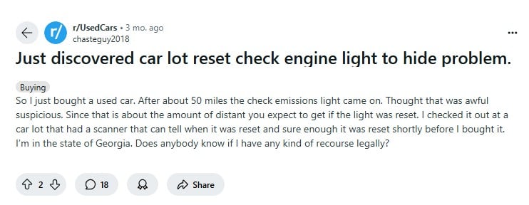 Used Car Shopper Discovers Seller Cleared Engine Check Light Codes