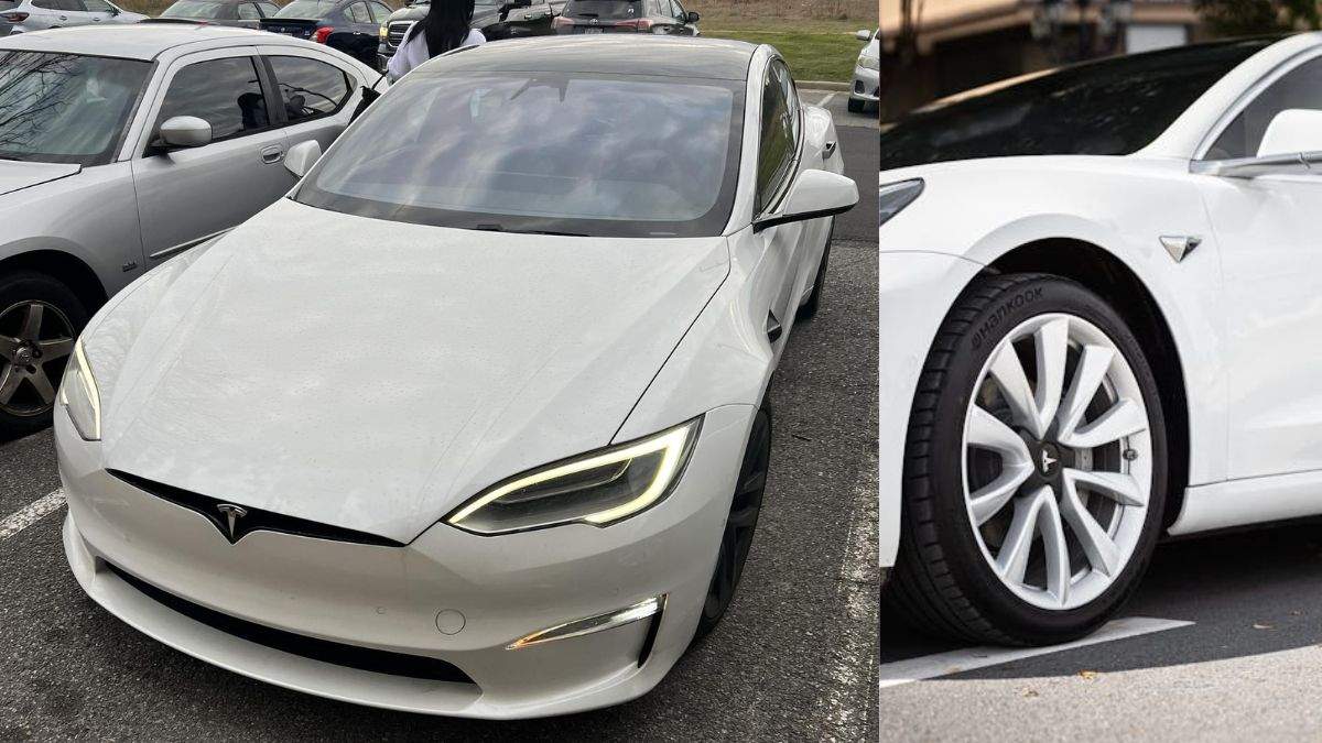 A white Tesla Model S parked among other cars, showcasing its distinctive front design and sporty alloy wheels.