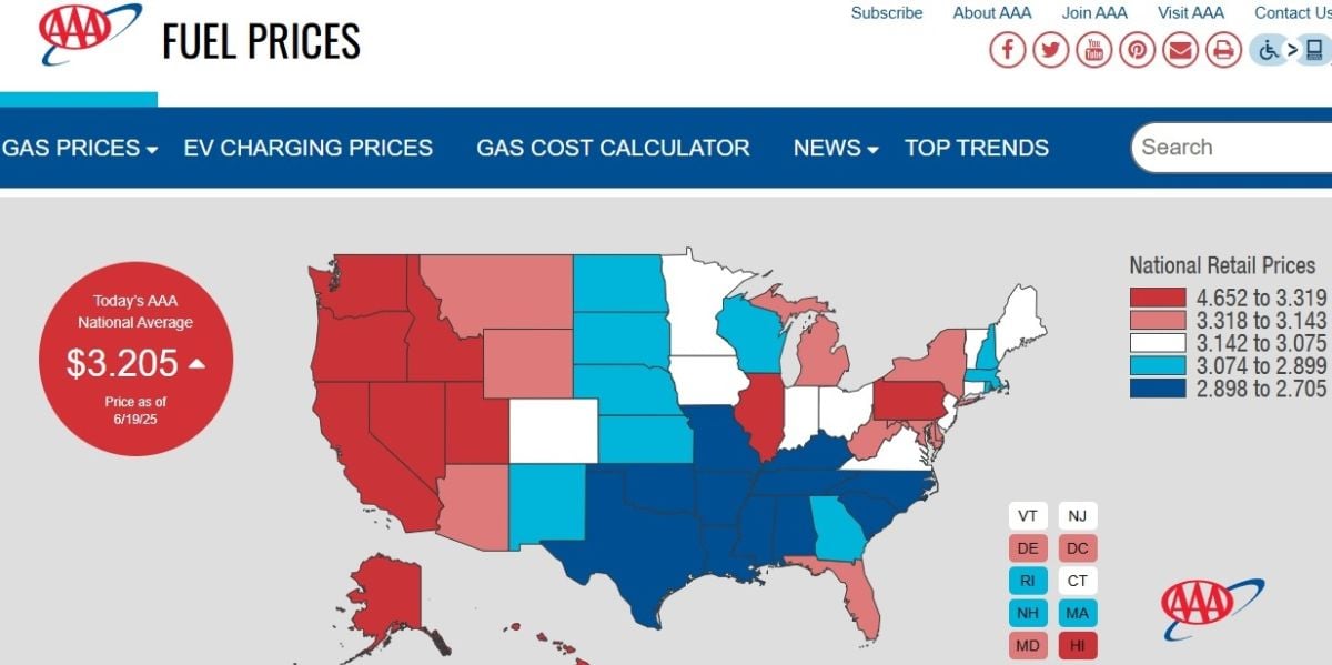 AAA national average gas price June 2025