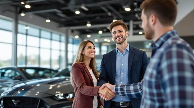 A couple shaking hands in a car showroom</p>
<p>AI-generated content may be incorrect.