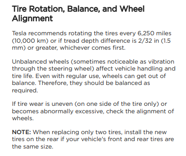 Screenshot of Tesla manual listing tire rotation interval courtesy of Tesla, Inc.