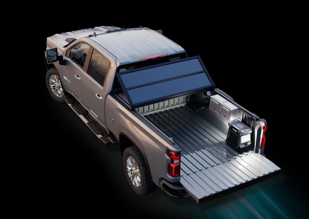 A pickup truck with the SOLIS Solar Tonneau cover installed