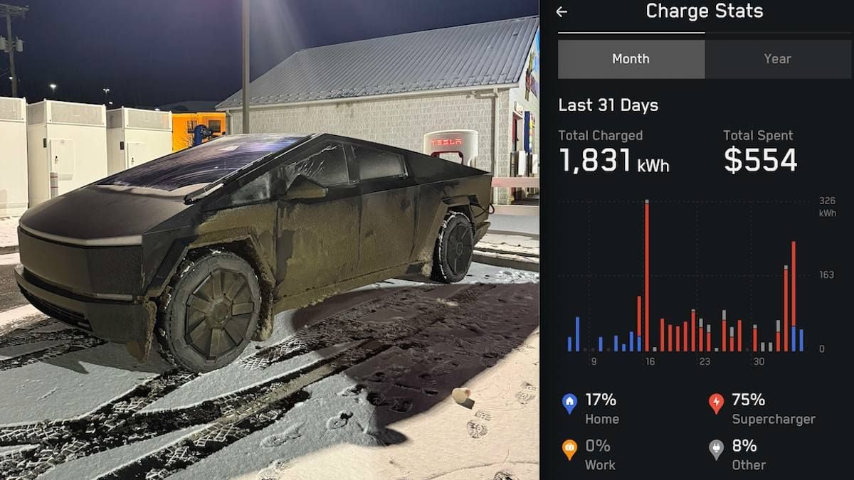 Haroon's 2024 Tesla Cybertruck being charged at night in Canada